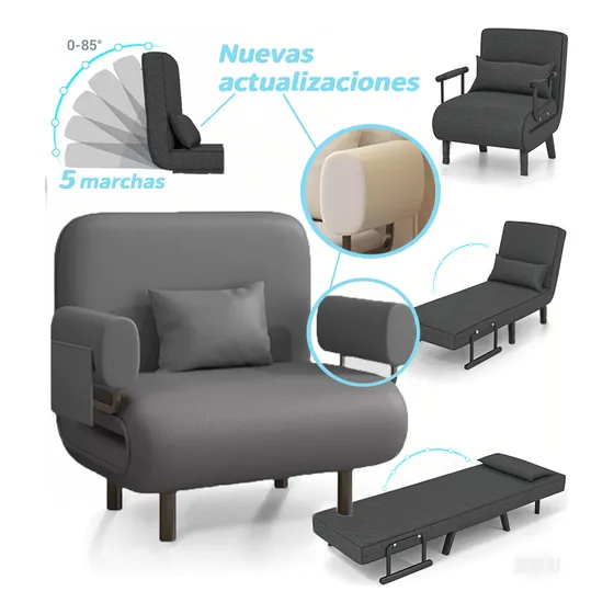 Skyice Sofá Reclinable Plegable Gris Con Almohada Sillón Cama Convertible 3 En 1 Respaldo Ajustable 5 Posiciones Diván Tapizado Almohada Extraíble Perfecto Para Dormitorio Oficina y Casa