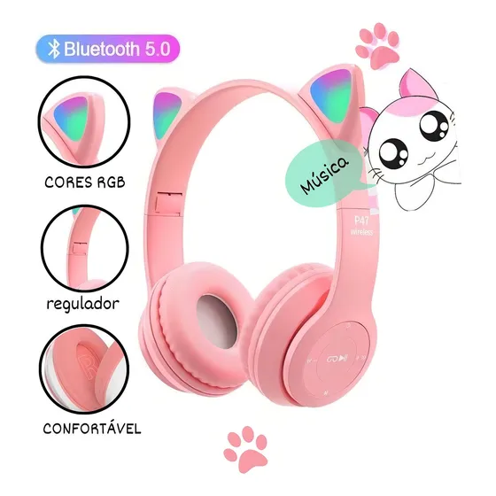 Fone De Ouvido Infatil Orelha Gatinho Led Sem Fio Bluetooth