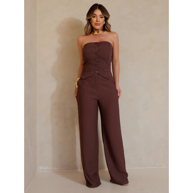 Conujunto Elegante Feminino Calça Pantalona Top Alfaiataria