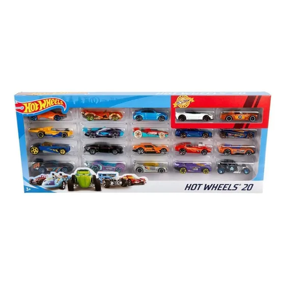Hot Wheels Die Cast Basics Vehículo de Juguete Paquete de 20 Autos escala 1:64 con decoraciones clásicas y diseños increíbles para niños de 3 años en adelante