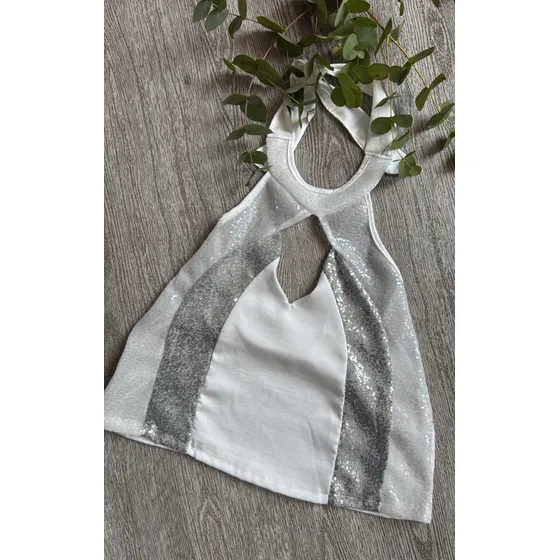 Blusa Satén Raso Cuello Halter Bordada Lentejuelas Brillo