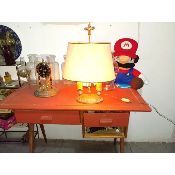 Lámpara De Mesa Antigua De Bronce Con 2 Luces