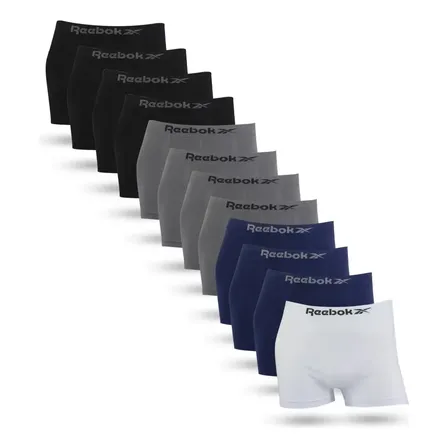 Kit 12 Cuecas Boxer Microfibra Adulto S/ Costura Reebok Azul-marinho Preto Branco Cinza Gg
