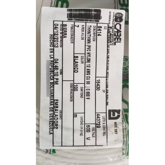 Cable Thhn 6 Resistente A Gasolina Y Aceite