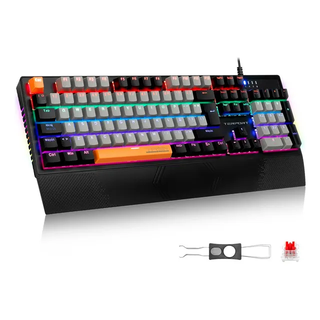 TERPORT Teclado Mecánico Español al 100% Con Reposamuñeca, Huano Red Switch Hotswap, Luces Acroíris, Teclado PC Completo Ergonómico de 105 Teclas Antighosting - Gris/Negro