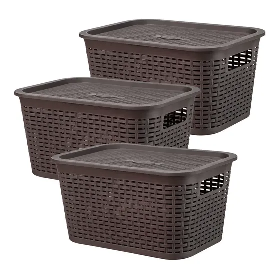 Caja Organizadora Plástica Ratán 6.5 Lt Con Tapa Pack X3 Café Oscuro