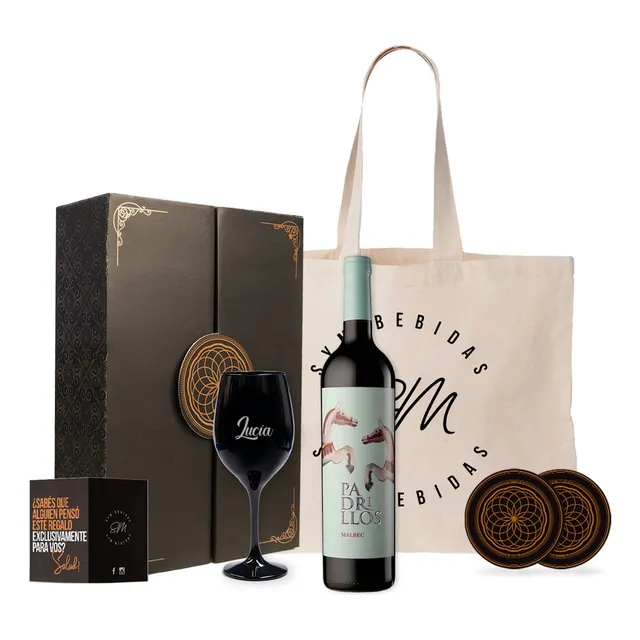Box Vino Padrillos Malbec Con Copa Negra Personalizada