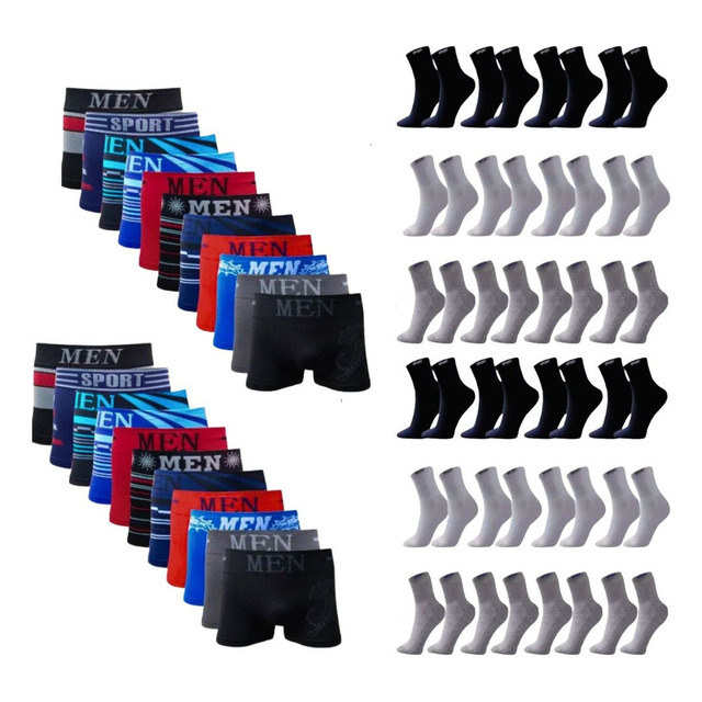 Kit 20 Cueca Boxer Masculino + Meia 24 Pares Cano Médio Kit 20 Cueca Boxer Masculino + Meia 24 Pares Cano Médio