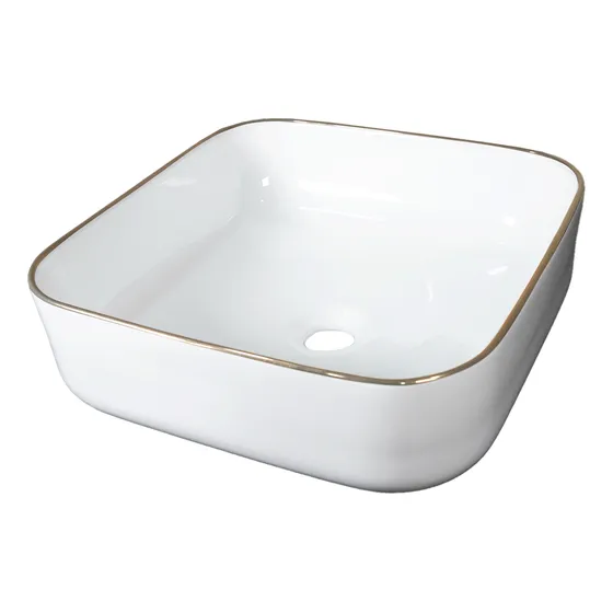 Lavabo Cuadrado De Ceramica Bordes Dorados Blanco Brillante