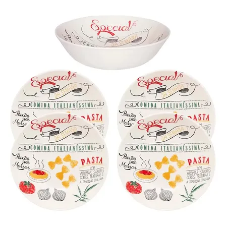 Kit Louças Para Massas 5 Peças Cerâmica Pratos Tigela Oxford Off White Estampado