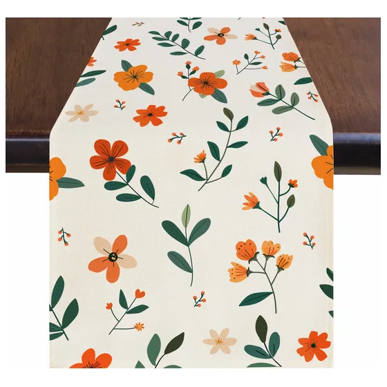 Camino Mesa 72  Largo Hoja Floral Color Rojo Naranja Comedor