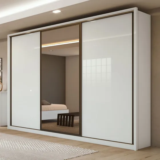 Guarda Roupa Casal Com Espelho 3 Portas De Correr 6 Ij Cor Branco Espresso Móveis Spazio Glass