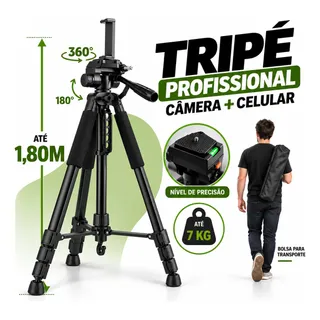 Tripé Câmera Profissional Canon 1,80 Mts + Suporte Celular Preto