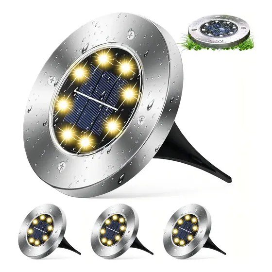 Set 4 Focos Luz Solar Embutir Para Jardín Con Batería 8 Led Unilamp, Alta Calidad, Tipo Bombita De Luz Ideal Para Exterior Piso Senderos Terraza Decorativa | Cuotas sin interés