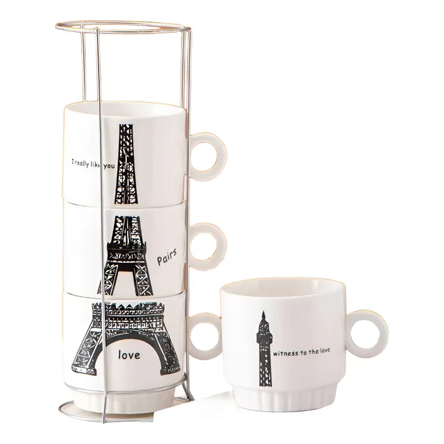 Set X 4 Tazas Cerámica Blanca Soporte Metálico Juego Tazas