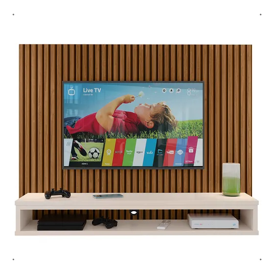 Painel Tv Até 50 Polegadas Ripado Com Nicho Inferior Simples Cor Ripado Freijo / Off White