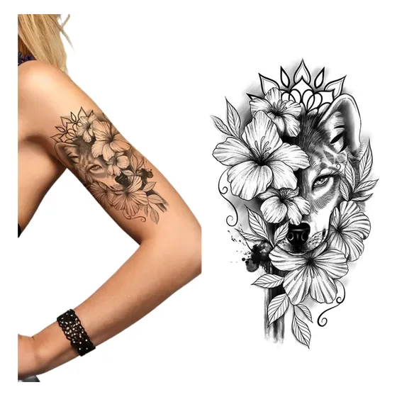 Tatuagem Falsa Feminina Temporária Realista - Raposa Flores
