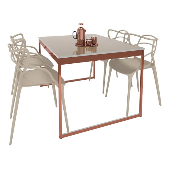 Set Vintage Mesa De Jantar 120x90cm Off White Bege Com Estrutura Cobre Estilo Industrial Com 4 Cadeiras Allegra Nude
