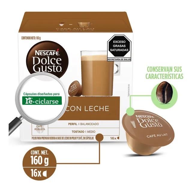 Caja X 16 Cápsulas Nescafé Dolce Gusto Café Con Leche 160 G