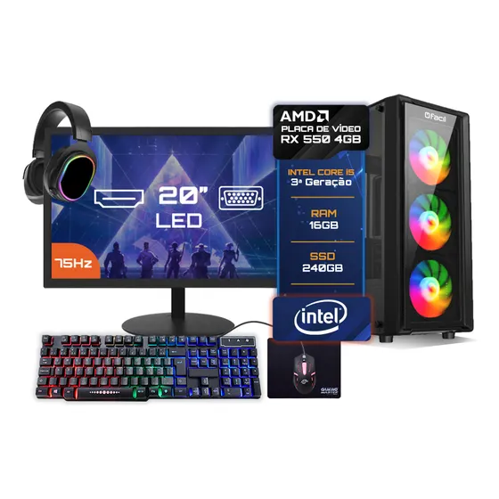 Pc Gamer Completo Intel I5 3ª 16gb Rx 550 4gb Ssd 240gb