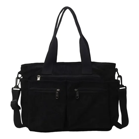 Bolso Tote Bag de Pana 14 Pulgadas Unisex | Bolso Versátil Gran Capacidad para Oficina, Universidad, Gym y Viajes | Ligero, Suave, con 10 Compartimentos, Bolsa de Mano, Hombro o Crossbody, Color Negro