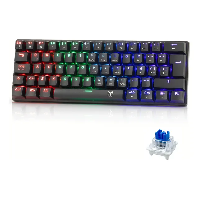 TERPORT Teclado Mecánico Español 60% Luz Arcoíris 18 Efectos, Outemu Blue Switch, Cable Removible Tipo C, 62 Teclas Anti-ghosting, Teclado Gamer Español Con 18 Modos De Luces Arcoíris