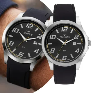 Technos Relógio Technos Masculino Preto e Prata à Prova D` Água com Caixa de Aço