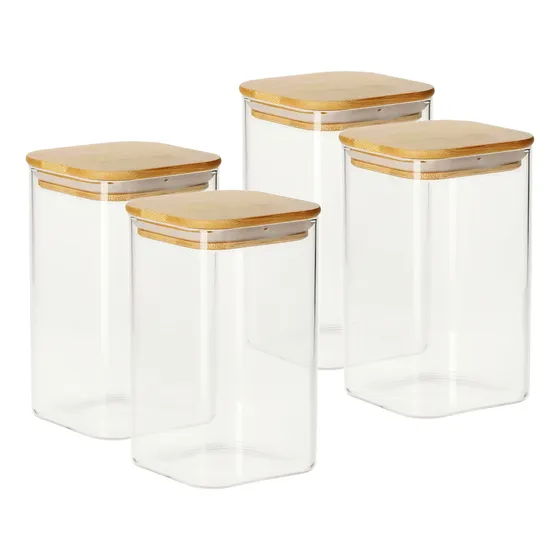 Set 4 Frascos De Vidrio Hermético Cuadrado Tapa Bambu 950ml