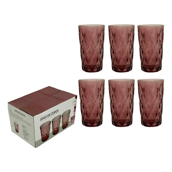 Jogo De Copos 6 Peças 330ml Vidro Colorido Diamod Chique