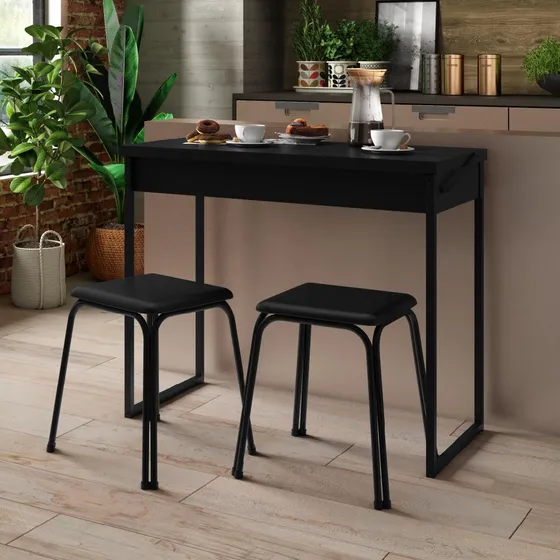 Juego de mesa plegable con 2 taburetes, negro Carraro, diseño de tela de silla: liso
