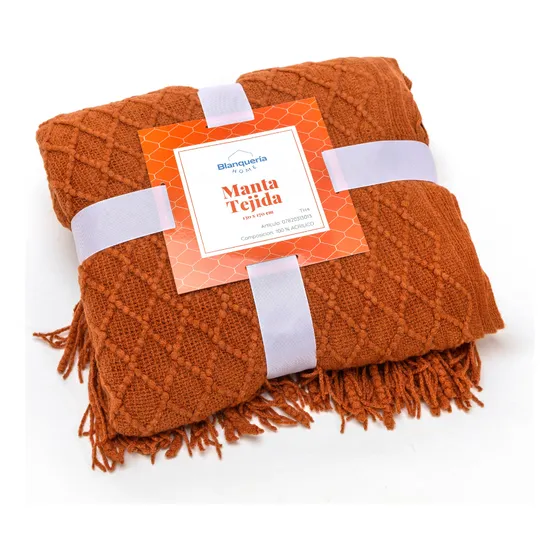 Manta Tejida Con Flecos Super Suave Pie De Cama Multiuso Color Ladrillo Rombos