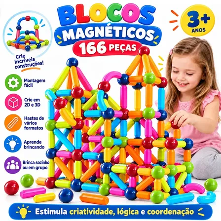 MoveBrinca Blocos Magnéticos 166 Peças Barras e Esferas Brinquedo Educativo Montar 3D Figuras 2D Estruturas Criativas Coordenação Motora Raciocínio Lógico Infantil +3 Anos