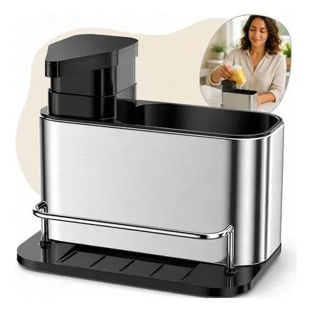 Porta Detergente preto Dispenser Sabão Liquido Esponja Bucha Para Pia Cozinha Em Aço Inox Shokki
