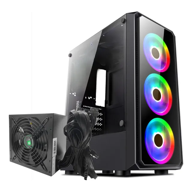 GABINETE GAMER JALATEC JT-LX76 3 FAN ARGB C/ FUENTE 500W 80+ COLOR NEGRO