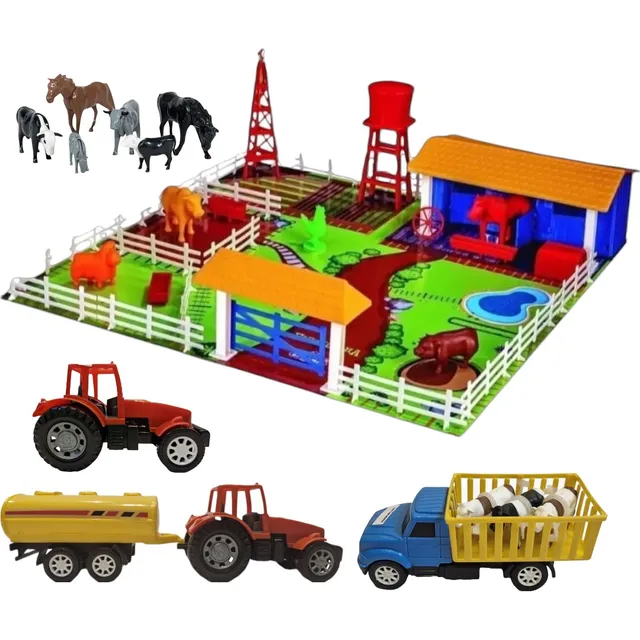 Kit Fazendinha Com Trator Caminhão Bois Cavalos E Acessórios