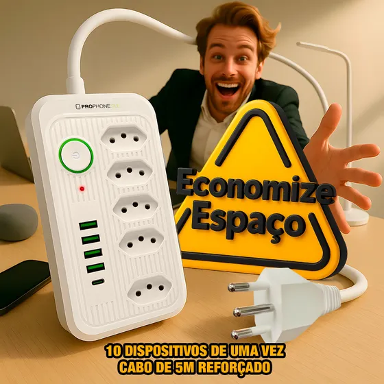 Extensão Elétrica 5 Tomada 4 Usb 1 Usb-C 127/220V Cabo De 5 Metros Led Tripolar 127/220V Tomadas Espaçadas Filtro De Linha Profissional Protetor Eletrônico Contra Surto Régua Energia Rack DPS PD 5m