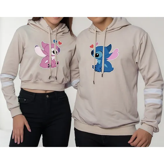 Buzo Buso Saco Hoodies Beige Pareja Stich Y Angel Enamorados