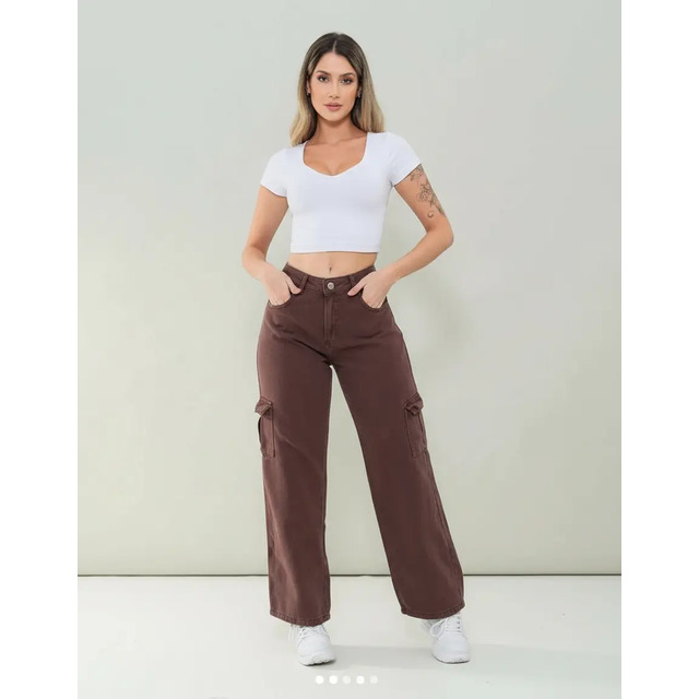 Calça Cargo Jeans Feminina Marrom Modeladorra