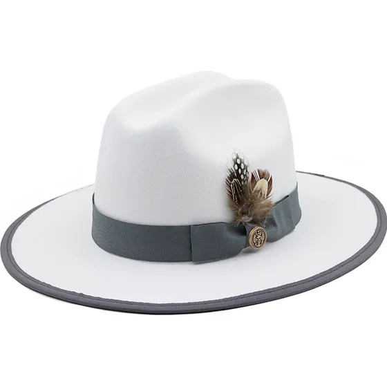 Pluma Sombrero Bombín Blanco Ala Plana Gran Sombrero De Jazz