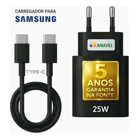 Carregador Super Rápido 25w Para Samsung Galaxy S24 S23 S22 S21 S20 Fe Ultra Motorola M22 M31 M32 M62 M63 M64 G15 Xiaomi Redmi Note 12 13 14 15 LG - Super Fast Cabo Blindado Tipo Usb C -dtimp Preto