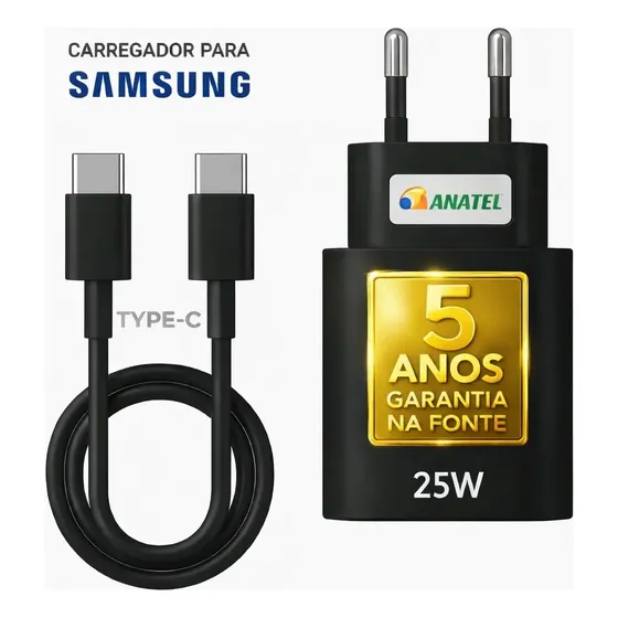 Carregador Super Rápido 25w Para Samsung Galaxy S24 S23 S22 S21 S20 Fe Ultra Motorola M22 M31 M32 M62 M63 M64 G15 Xiaomi Redmi Note 12 13 14 15 LG - Super Fast Cabo Blindado Tipo Usb C -Dtimp