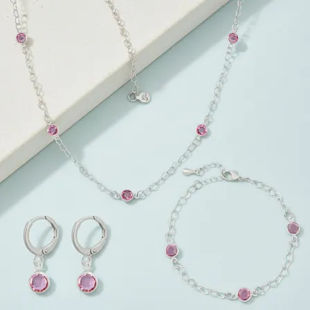 Cordão Chocker + Pulseira + Brinco Strass Rosa A Prata 925 Prata