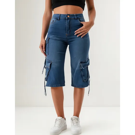 Bermuda Cargo Multiple Bolsillos Larga Capri 3/4 Mujer