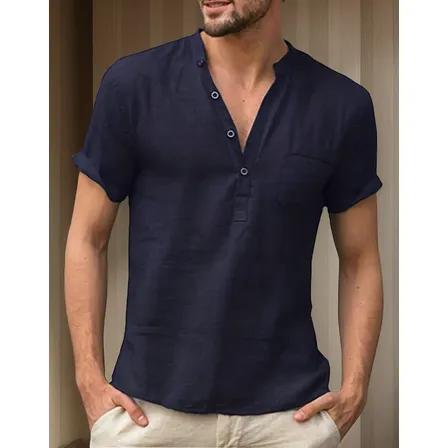 Camisa Algodon Lino Hombre Verano Cuello Bajo