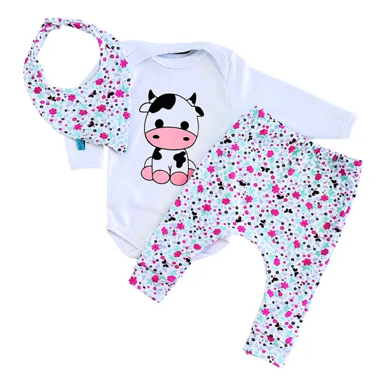 Conjunto Bebe Menina Com Babador Fofo Algodão