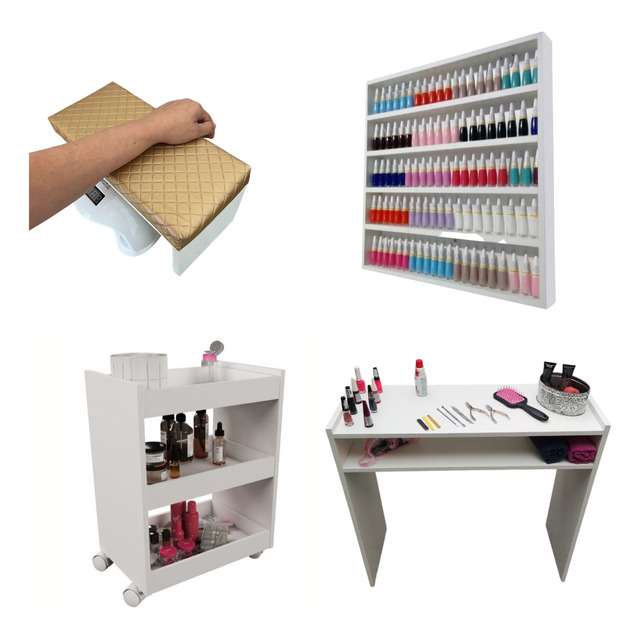 Mesa Manicure + Carrinho Auxiliar + Esmalteira + Apoio Punho Mesa Manicure + Carrinho Auxiliar + Esmalteira + Apoio Punho