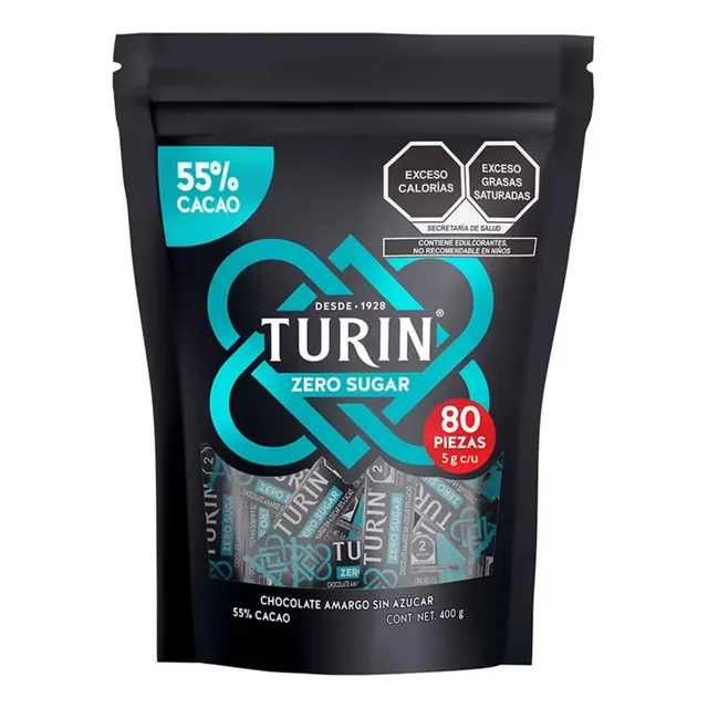 Chocolate Amargo Zero Azúcar Turin 80 Piezas 400g