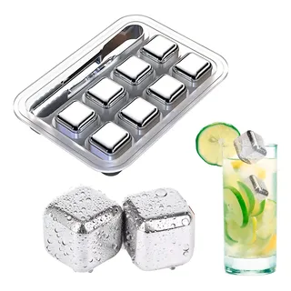 Kit 8 Cubos De Gelo Aço Inox Metal Com Pegador Whisky Drinks Kit 8 Cubos De Gelo Aço Inox Metal Com Pegador Whisky Drinks