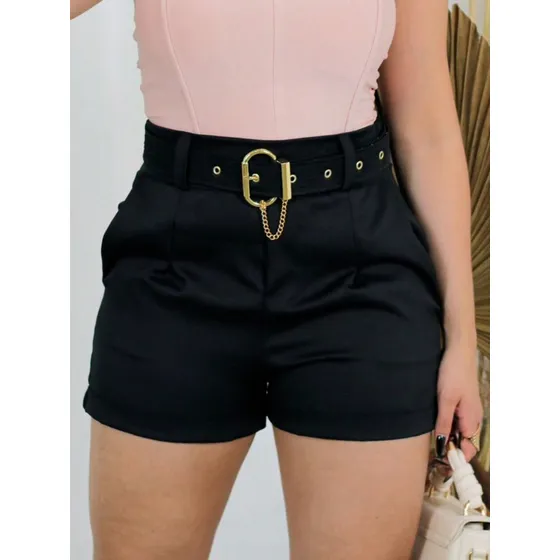 Short Alfaiataria Feminino Cintura Alta Com Cinto Social