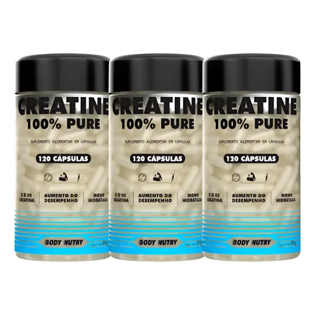 Kit 3x Creatina 100% Pura Monohidratada e Micronizada - Pote 120 Capsulas - Creatine Pure Monohydrate - Alto Grau de Pureza - Body Nutry